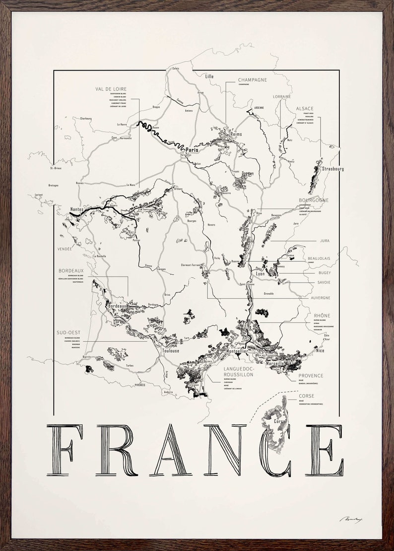 Carte des vins de France, carte des régions viticoles de France Smoked oak