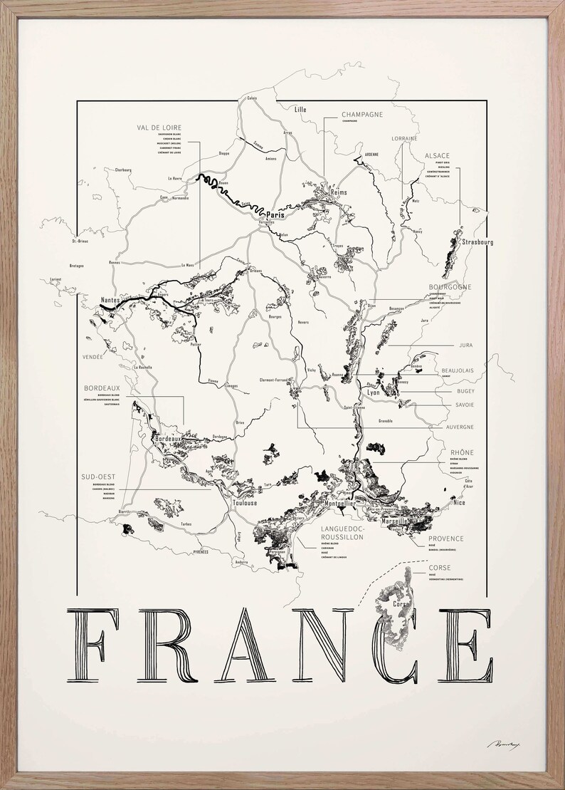 Carte des vins de France, carte des régions viticoles de France Oak