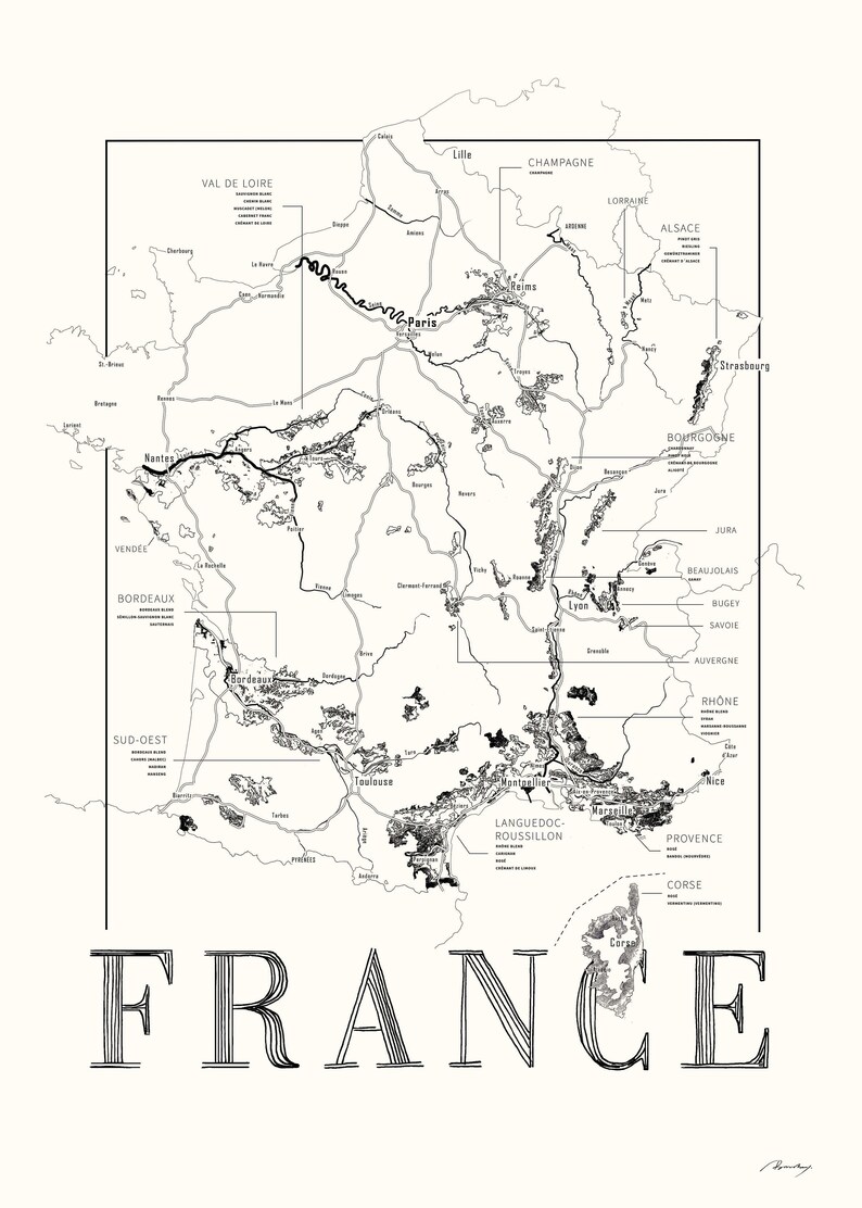 Carte des vins de France, carte des régions viticoles de France No frame