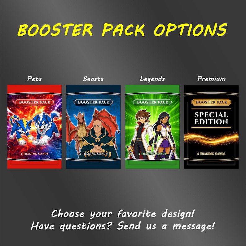 May include: Four trading card booster packs labeled Pets, Beasts, Legends, and Premium. The Pets pack features blue creatures, Beasts shows a dragon and a person, Legends depicts two anime-style characters, and Premium is black with gold text.