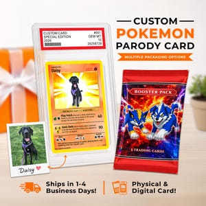 May include: A custom parody trading card featuring a black dog named Daisy, encased in a clear protective slab with a red label. Beside it is a red booster pack with blue and yellow cartoon creatures, and a small photo print of the dog.