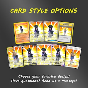 May include: A collection of eight trading cards featuring a black dog named Daisy and a person named Jack. The cards display various designs with yellow, orange, and white backgrounds, text, and game statistics. The text CARD STYLE OPTIONS appears above.