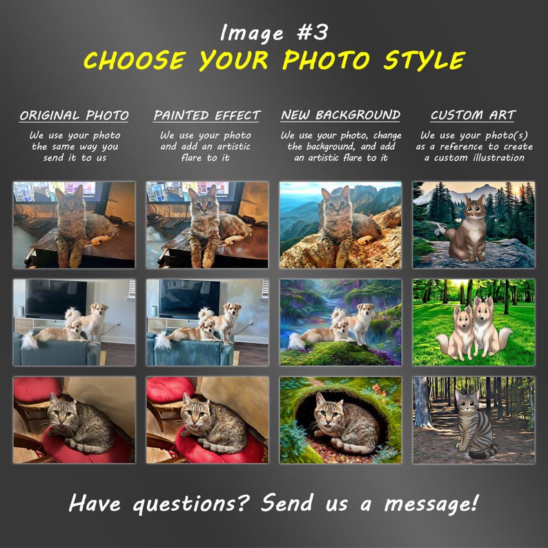 May include: A digital infographic titled CHOOSE YOUR PHOTO STYLE displaying four service options: ORIGINAL PHOTO, PAINTED EFFECT, NEW BACKGROUND, and CUSTOM ART. Each column shows three rows of pet photos demonstrating the visual editing results.