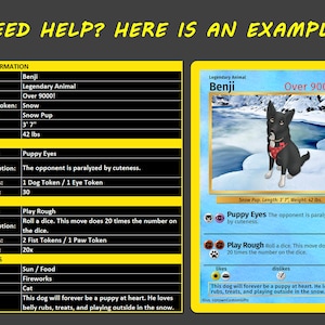 May include: A rectangular trading card with a yellow border and blue background featuring a black dog illustration. The card displays text including 'Benji', 'Legendary Animal', 'Over 9000!', 'Puppy Eyes', and 'Play Rough' alongside game statistics.