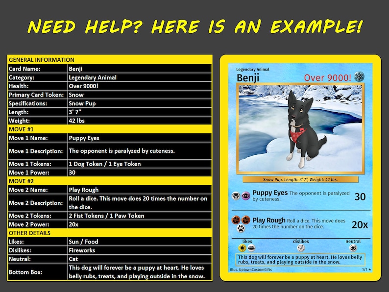 May include: A rectangular trading card with a yellow border and blue background featuring a black dog illustration. The card displays text including 'Benji', 'Legendary Animal', 'Over 9000!', 'Puppy Eyes', and 'Play Rough' alongside game statistics.