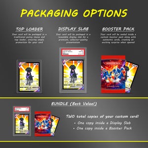 May include: Packaging options for custom trading cards including a top loader, a display slab, and a booster pack. The display slab features a black dog illustration, while the booster pack shows blue and white wolf-like creatures on a red background.
