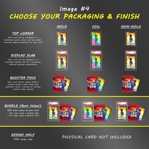 May include: A chart titled CHOOSE YOUR PACKAGING & FINISH displaying options for trading cards including top loaders, display slabs, and booster packs in holo, foil, and non-holo styles. The grid shows various card configurations and a bundle option.