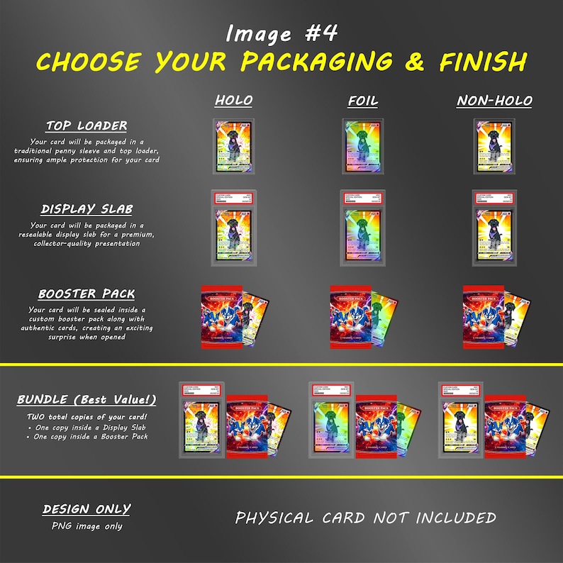 May include: A chart titled CHOOSE YOUR PACKAGING & FINISH displaying options for trading cards including top loaders, display slabs, and booster packs in holo, foil, and non-holo styles. The grid shows various card configurations and a bundle option.