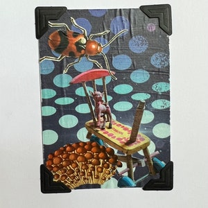 May include: A collage featuring a red and black beetle, a pink toy horse on a wooden rocking horse, and a cluster of brown mushrooms against a blue and white polka dot background.