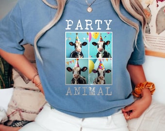 Funny Party Animal Cow Shirt Birthday Humor Gift for Animal Lovers Farm Animal Tee Cute Graphic Western Cow T-Shirt Celebration Outfit