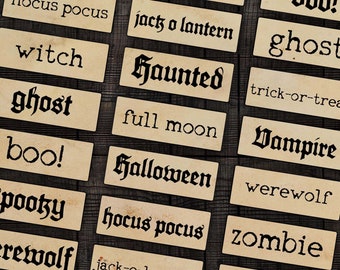 Palabras de Halloween imprimibles para diarios basura, álbumes de recortes, manualidades con papel y técnicas mixtas, descarga digital