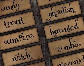 Palabras espeluznantes de Halloween imprimibles para diarios basura, álbumes de recortes y manualidades con papel de técnica mixta.