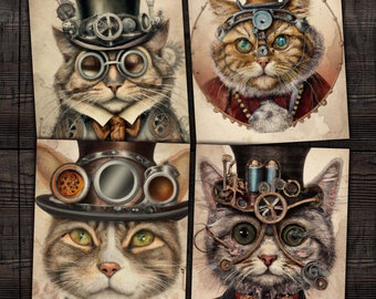 Steampunk Cats Digital vintage Cat images for junk journal, scrapbooks, cards, paper crafts, Printable download