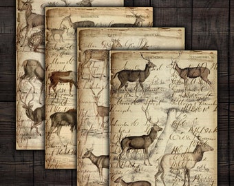 Digital Antique Deer Ledgers, Printable Woodland Deer and Moose Pages for Junk Journals, Scrapbooks, Paper Crafts