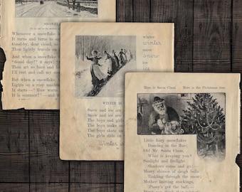 May include: A vintage book page with illustrations and text about winter. The text includes the words "Snow and ice are", "The boys and girls", "Winter is", "Little fairy snowflakes", "Dancing in the flue", "Old Mr. Santa Claus", "What is keeping you?" and "Merry chimes of sleigh bells".