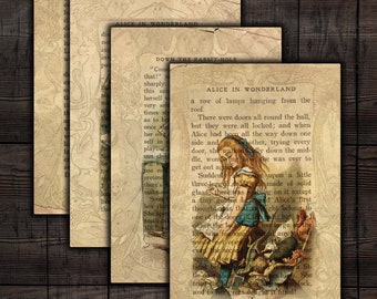 May include: A vintage illustration of Alice from Alice in Wonderland, with a quote from the book, "There were doors all round the hall, but they were all locked; and when Alice had been all the way down one side and up the other, trying every door, she walked slowly down the middle, wondering if she was ever to get out again."