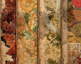May include: Four vintage patterned paper strips featuring floral designs in shades of brown, green, and red. The patterns are intricate and detailed, with a faded, antique appearance.