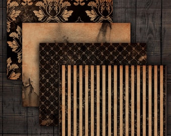 May include: Four digital paper sheets with different patterns in black and gold. The top sheet has a damask pattern, the second sheet has a distressed parchment look, the third sheet has a skull and crossbones pattern, and the bottom sheet has a striped pattern.