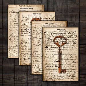 Afdrukbare Junk Journal Ephemera-pagina's, oud handschrift en verroeste sleutels, industriële Steampunk digitale papieren