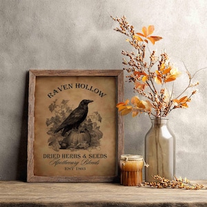 Quadro imprimível com corvo, ervas e sementes: decoração rústica de outono para o Halloween (download digital)