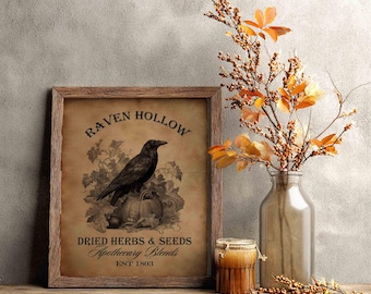 Printable Raven, Herbs and Seeds Apothecary Print: Rustic Autumn Halloween Decor (Digital Download)