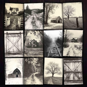 Pode incluir: Uma coleção de doze fotografias a preto e branco com paisagens rurais. As imagens incluem uma quinta, estradas de terra, celeiros, árvores e uma linha de comboio. As fotografias evocam nostalgia e charme rústico.