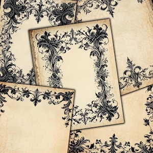May include: Four vintage paper sheets with black ornate floral borders. The paper has a textured, aged look.