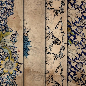 Papel digital vintage com padrão azul, papéis imprimíveis para diários indesejados, álbuns de recortes, artesanato
