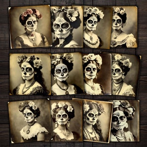 Vintage Sugar Skull Mesdames photographies, Antique Dia De Muertos Day of the Dead Photos imprimables éphémères