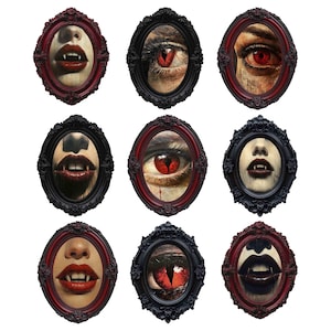 May include: Nine oval-shaped wall decorations with ornate frames. Each frame features a different image of vampire eyes, mouths, or teeth. The frames are in black and burgundy colors, creating a spooky and gothic aesthetic.
