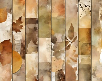 May include: Abstract art print featuring a collage of brown, beige, and green watercolor leaves on a textured background.