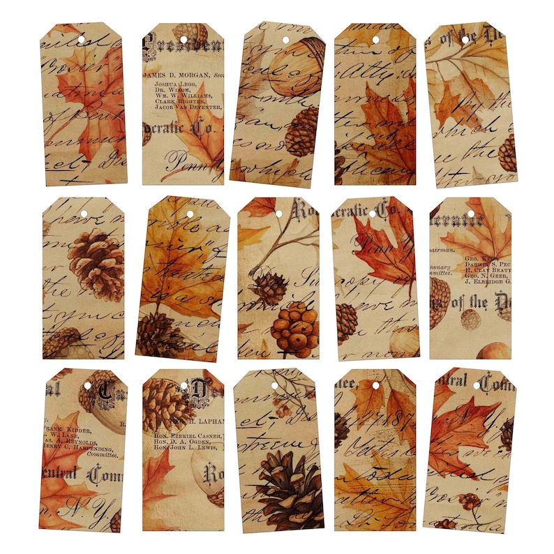 May include: A collection of fifteen vintage-style gift tags. Each tag features a sepia-toned background with autumn leaves, pinecones, and handwritten script. Some tags include text such as "Geratic Co." and names. The tags have a hole at the top for stringing.