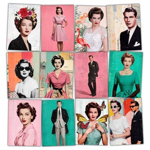 Imagens ATC imprimíveis dos anos 1950, fotos coloridas retrô dos anos 1950 para diário de lixo, colagem de mídia mista, artesanato em papel, download digital jpg