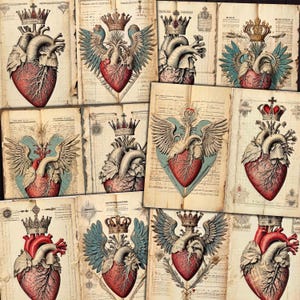 May include: A collage of ten vintage anatomical heart illustrations. Each heart is surrounded by ornate wings and a crown. The hearts are depicted in a detailed, realistic style with intricate veins and arteries.
