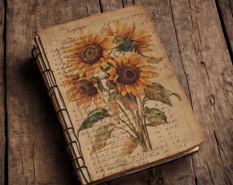 Sunflower Ledger Ephemera: Vintage Junk Journal Pages (Digital Download)