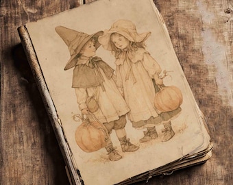 Printbare pagina's (4x6 inch) met pelgrimskinderen voor Thanksgiving-knutselprojecten en -junkjournals, digitale download.