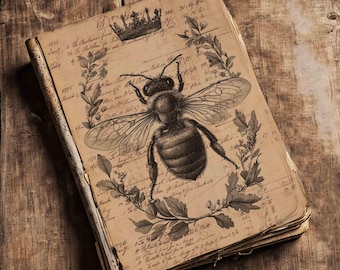 Op de afbeelding: Vintage-stijl dagboek met een gedetailleerde illustratie van een bij, kroon en botanische elementen. De omslag heeft een verouderde papiertextuur met handschrift. Het dagboek is open, met verouderde pagina's, op een houten oppervlak.