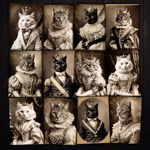 Cartões ATC imprimíveis de fotografia antiga de gatos reais extravagantes para diários de lixo, colagem de mídia mista, artesanato em papel, download de kit digital