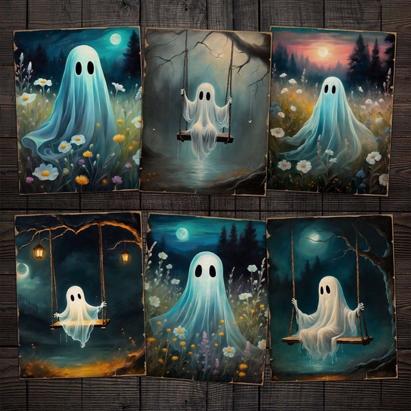 Cute Ghosts Printable 8.5x11 Papers, Digital Pages for Halloween Junk journals, scrapbook, Mixed media paper crafts, Decor