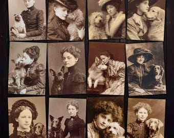 Ladies and Dogs Sepia Portrait Photographs for Junk Journals, Scrapbooks, Vintage Crafts, Digital download