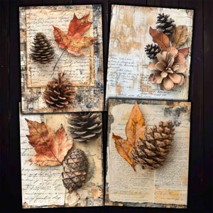 Printable Pinecone & Fall Leaves Paper: Junk Journal Autumn Collage (Digital Download)