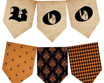 Printbare Halloween Gothic slingers met vlaggetjes, vintage grunge "Boe" doe-het-zelf decoratie, digitale download