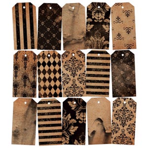 May include: A collection of vintage-style gift tags with various designs. Some tags feature black and tan stripes, skull patterns, and damask prints. Others have a distressed paper look, perfect for crafting or scrapbooking projects.