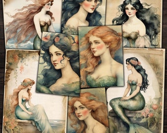Folha de colagem de sereia vintage: Diário de sucata e artesanato em papel (Download digital)