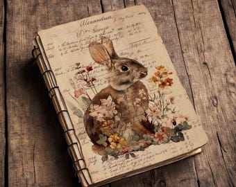Rabbit and Flowers Antique Ledger Ephemera: Printable Easter Junk Journal Pages (Digital Download)