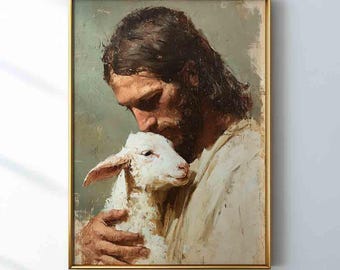 Jesus Holding Lamb, the Good Shepherd, Digital Print, Christian Wall Art, Printable Download
