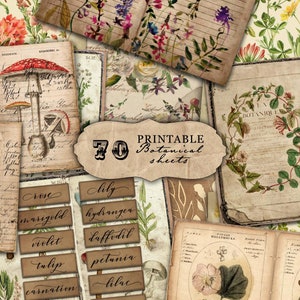 LOT botanique imprimable, pages numériques, papiers, éphémères pour carnets botaniques, floraux et de jardinage, albums de coupures, travaux manuels en papier