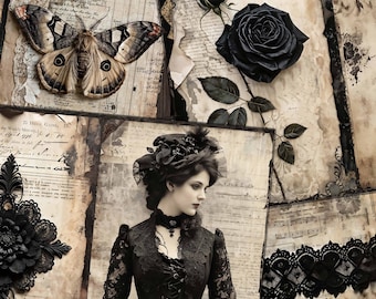 May include: A collage of vintage paper ephemera featuring a black and white butterfly, black roses, and a woman in a black lace dress. The woman is wearing a black lace dress with a high neckline and a fitted bodice. The dress has a lace overlay and a long skirt. The woman is standing in front of a background of vintage paper ephemera. The ephemera includes old documents, maps, and photographs. The collage is a mix of textures and patterns, creating a vintage and romantic aesthetic.