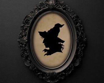 Lámina decorativa con silueta de bruja de Halloween para decoración y manualidades otoñales de estilo vintage y rústico (descarga digital).