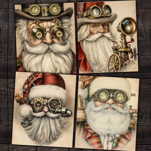 Papéis digitais Steampunk Papai Noel para diários indesejados, álbuns de recortes, cartões feitos à mão, artesanato em papel, download de Natal Steam Punk